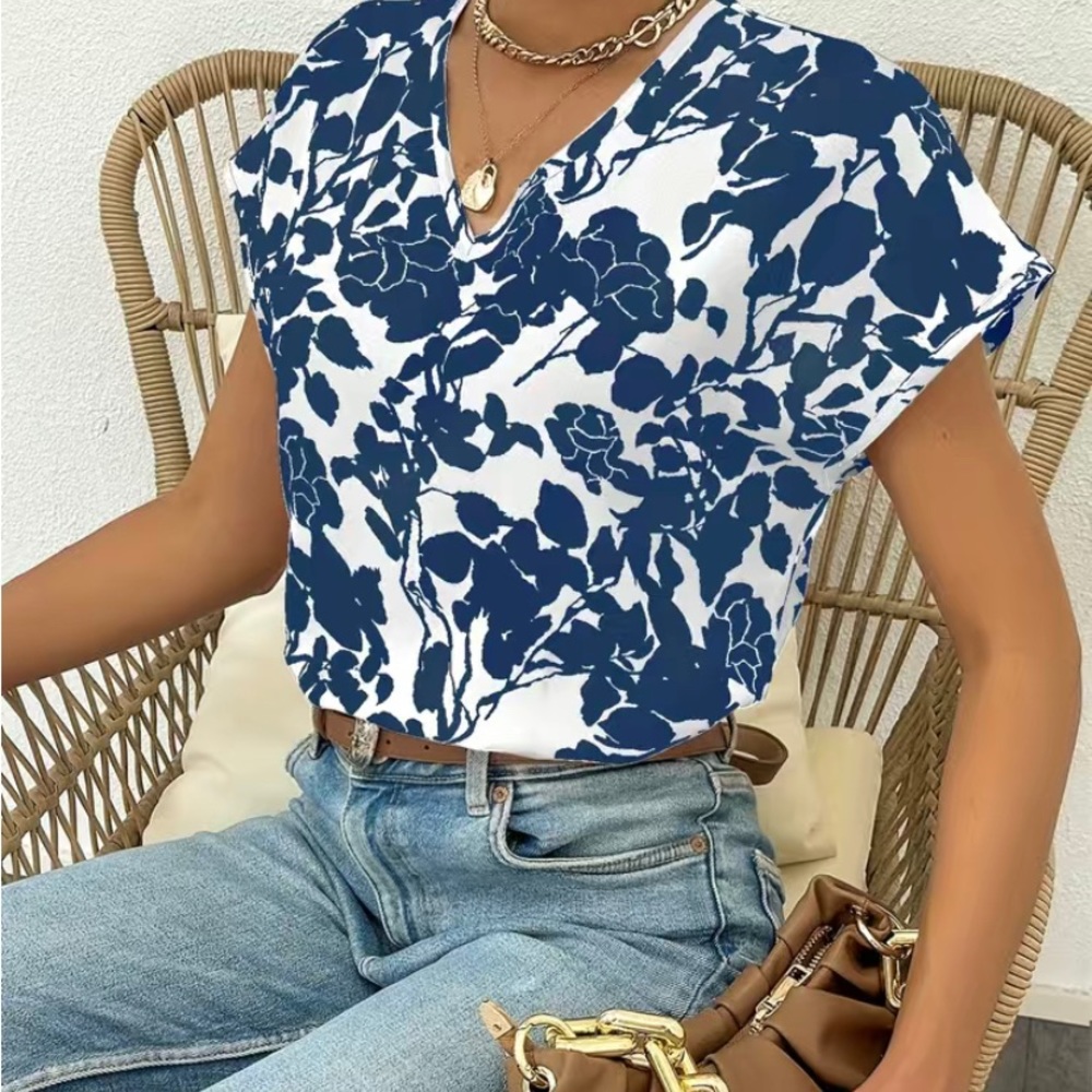 Blue & White Floral Print V Neck Blouse